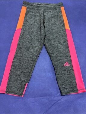 adidas Dark Heather Grey Capri Leggings with Pink & Orange Side Panels